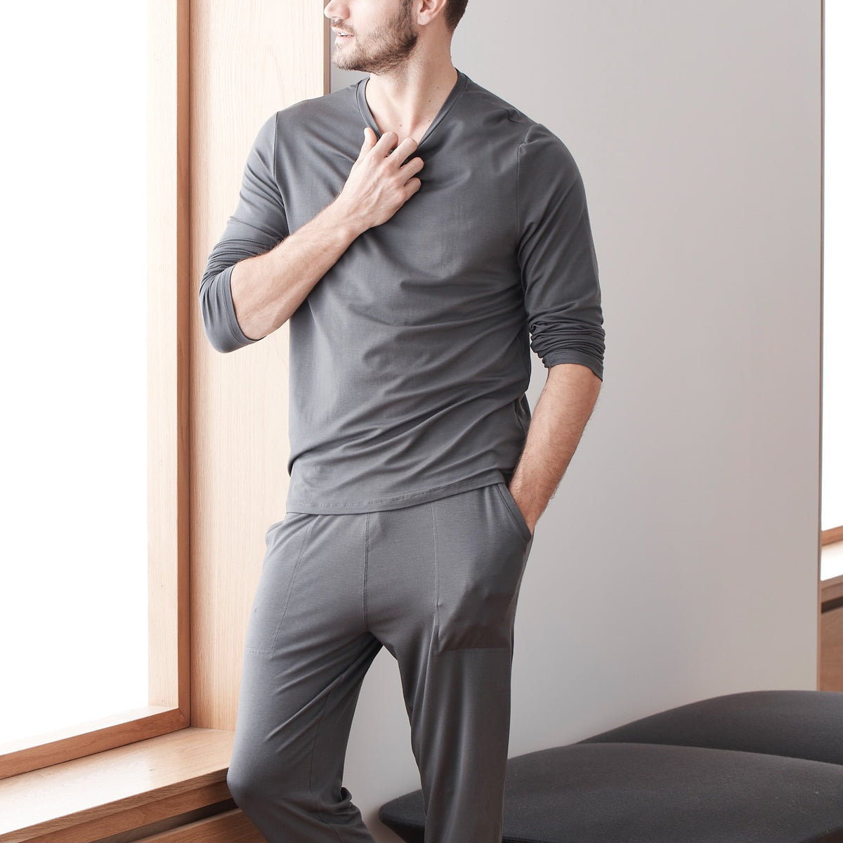 MoFiz Men's Pajama Set Long Sleeve Crew Neck Shirts & Bottom